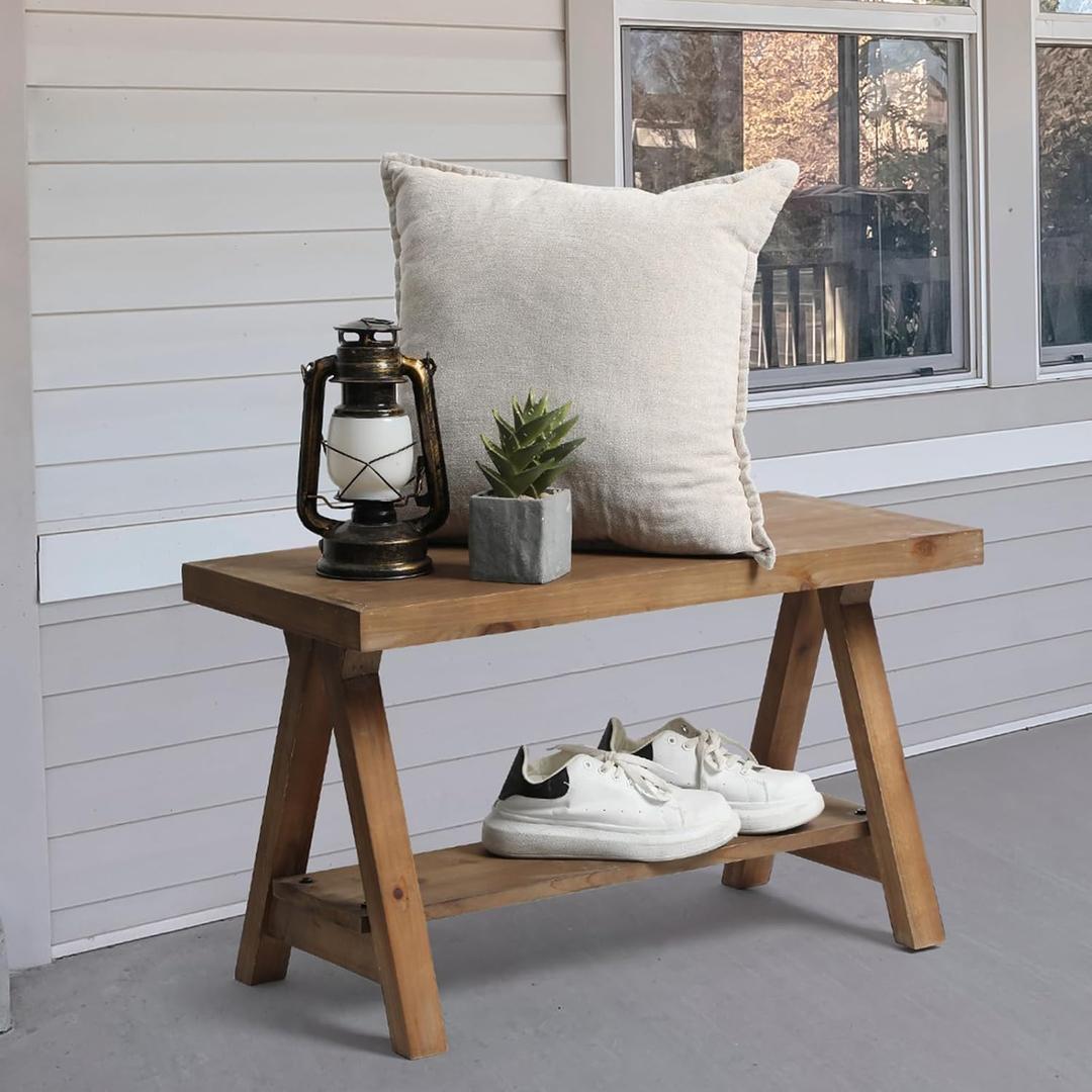 Solid Wood Bench, 30" Farmhouse Entryway Bench for Living Dining Room, Rustic Storage Bench Seat for Indoors, Natural