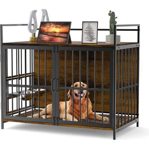 41 Inch Furniture Style Large Dog Crate with 360° & Adjustable Raised Feeder for Dogs 2 Stainless Steel Bowls -End Table House Pad, Indoor Use Brown