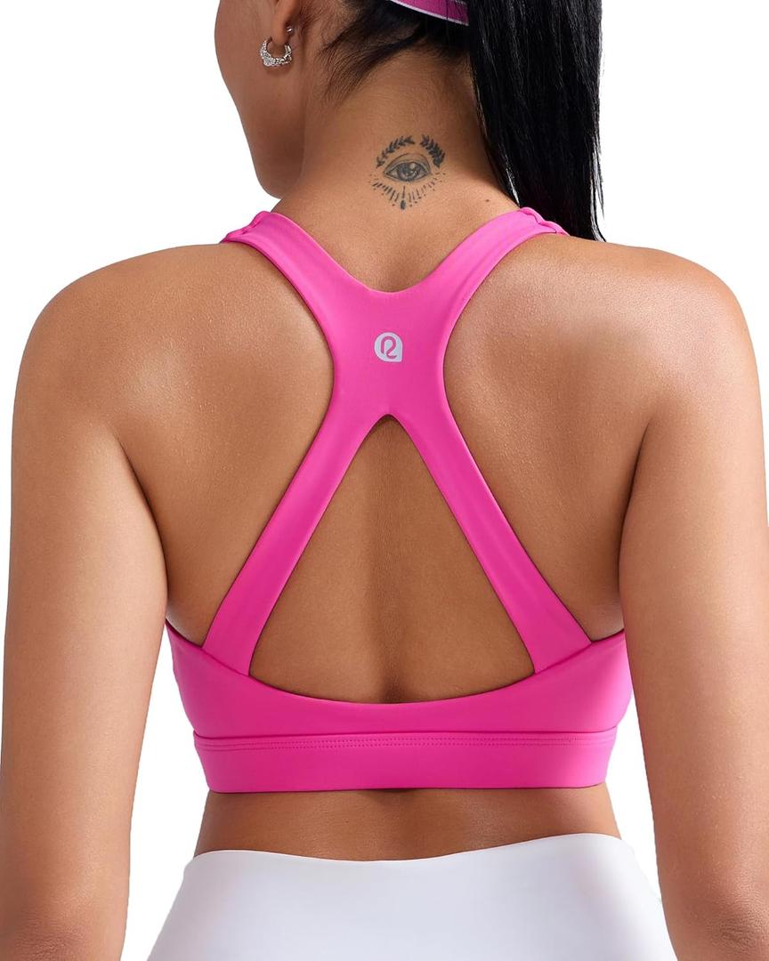 RUNNING GIRL Sports Bras for Women Medium Support V Neck Molded Cup Sports Bras with Sewn in Pads Racerback Running Bra (Hot Pink, Size M)