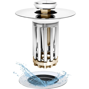 WSYLEN Bathroom Sink Drain Strainer, Bathroom Sink Stopper Pop Up with Two-Section Removable Brass Basket Hair Catcher, Universal for 1.1 to 1.6in Drain, Chrome Silver