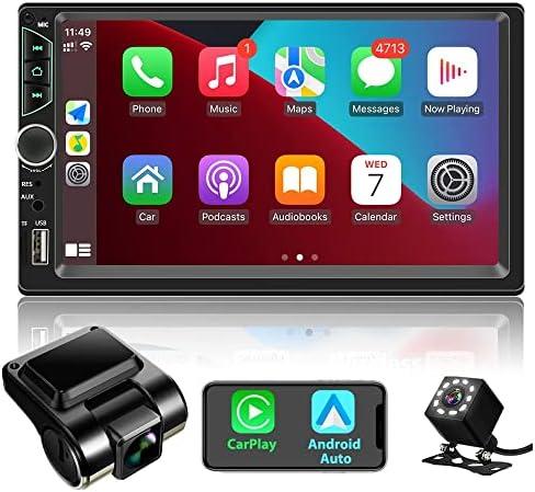 Double Din Car Stereo with Dash Cam,Compatible with Apple Carplay,Android Auto,7 inch Touch Screen Car Radio Receiver with Bluetooth, Mirror Link, Backup Camera, Navigation, FM, USB/TF/AUX