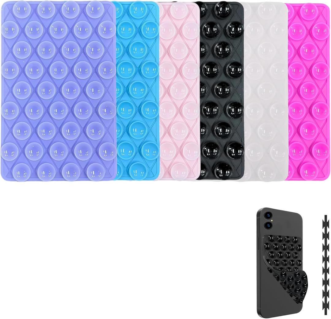 6 Pack Silicone Double-Sided Suction Cup Phone Case Detachable Mount, Hands-Free Strong Grip Holder Stand for Selfies and Videos (Rose+Black+Pink+Purple+Blue+Transparent)