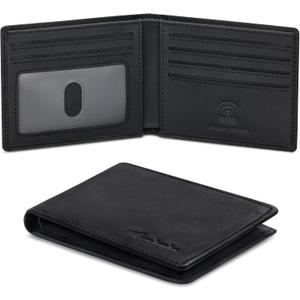 Travelambo Wallet for Men Real Leather Mens Bifold Wallet RFID Blocking - Thin & Stylish with ID Window in Gift Box (Crazy Horse, Black)