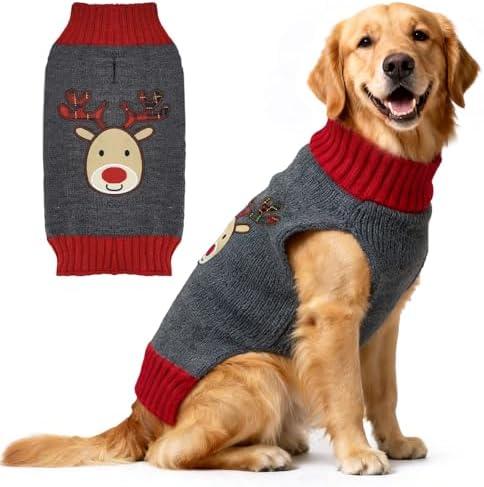 ABRRLO Dog Christmas Sweater Cute Grey Reindeer Xmas Dog Cat Outfit New Year Holiday Costumes Puppy Cat Sweater with Leash Hole for Small Medium Large Dogs Girl Boy Turtleneck Winter Warm Pet Clothes, Size XXL
