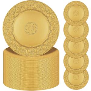 100 Pcs Gold Charger Plates, 13 Inch Plates Bulk, Plastic Reef Plate Chargers, Matte Chargers for Dinner Plates Round Decorative Dishes, for Wedding Party Holiday Event Supplies(Embossed Rim)