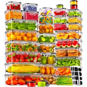 KEMETHY 70 PCS Food Storage Containers with Lids(35 Containers & 35 Lids), BPA-Free Plastic Food Containers for Kitchen Storage, Leak Proof, Reusable Meal Prep Containers with Labels & Pen
