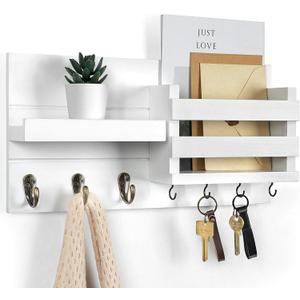 Mail Organizer for Wall Mount  Key Holder with Shelf Includes Letter Holder and Hooks for Coats, Dog Leashes  Rustic Wood with Flush Mounting Hardware (16.5 x 8.7 x 3.5) (White)