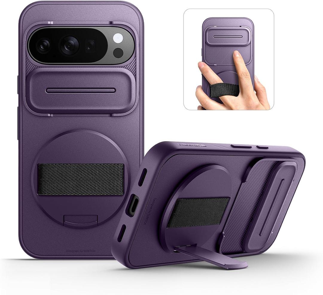 SURITCH for Google Pixel 10 Pro XL Case with 360 Rotatable Hand Strap Phone Grip Holder & Invisible Kickstand & Slide Camera Cover, Protective Cover for Pixel 10 Pro XL -Dark Purple