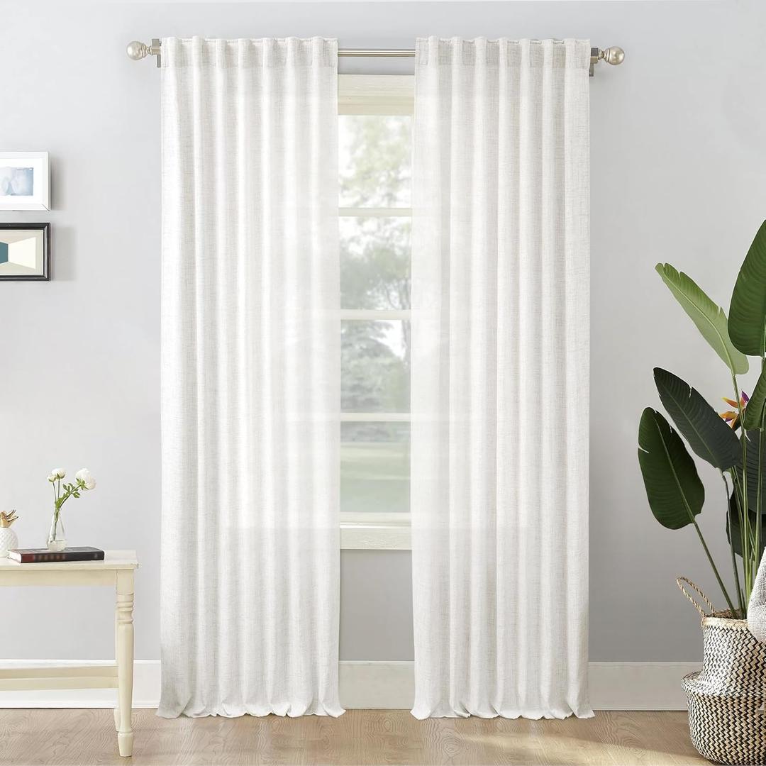 102 Inch Linen Sheer Curtains for Living Room 2 Panels Set Ivory Back Tab Pocket Light Filtering Window Privacy Decorative Curtain Drapes for Bedroom Patio Sliding Door,50x102 in Long Cream
