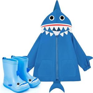 Twistover 2 Pcs Toddler Raincoat Rain Boots Set Kids Baby Cartoon Hoodie Zipper Jacket Short Rain Shoes for Little Boys Girls (3T, Blue Shark)