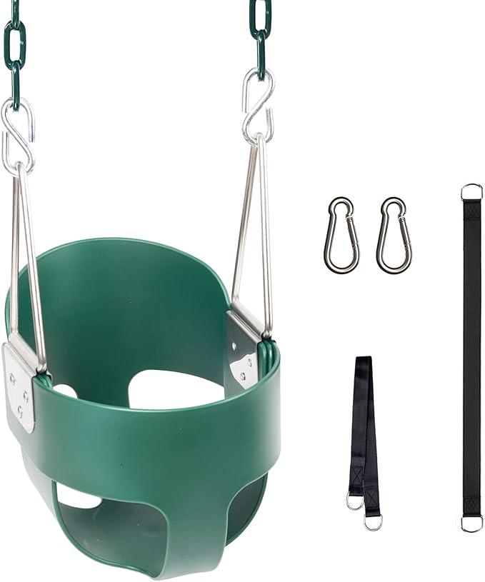 KINSPORY Toddler Swing, 59" Coated HeavyDuty Iron Chains Baby Swing Outdoor, High Back Full Bucket Infant Swing Seat with Tree Straps for Swing Sets Backyard Outdoor Indoor (Green)