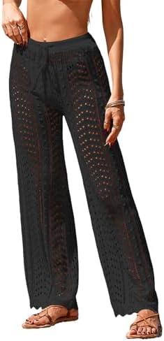 BreathSunny Womens Beach Cover Up Pants 2026 Drawstring Elastic High Waist Crochet Mesh Knit Bathing Suit Swim Coverup Pants, Small