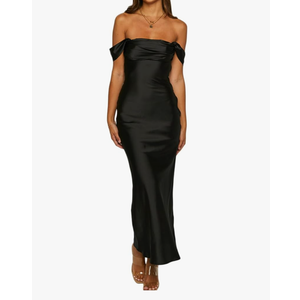 Realtix Elegant Satin Off The Shoulder Ruched Backless Maxi Dress for Women Strapless Tube Sleeveless Bridesmaid Dresses L