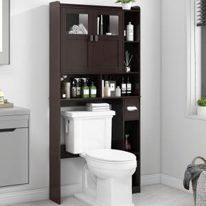 Vabches Over The Toilet Storage Cabinet, Bathroom Shelf Over Toilet with Glass Doors and Adjustable Shelves, Espresso Freestanding Home Space Save Toilet Rack for Restroom, Bathroom, Laundry, W31.69''