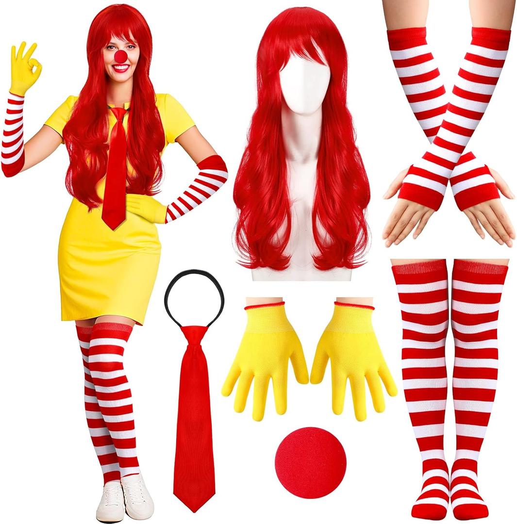 Maiteenly 6 Pcs Halloween Fast Food Clown Costumes Accessories Includes Wig Gloves Red White Striped Stockings and Arm Sleeves Sponge Nose Adjustable Necktie Red Yellow Clown Outfits for Women Cosplay (Adult, One Size)