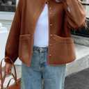 Cicy Bell Womens Button Down Bomber Jackets Puff Sleeve Cropped Pea Coats Casual Fall Color Block Outerwear (Small, Brown)