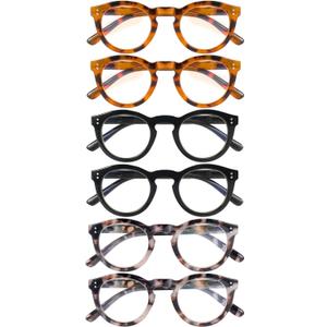6 Pack Blue Light Blocking Reading Glasses - TR90 Retro Round Readers for Women Men - Spring Hinge Frames with UV400 Anti-Reflective Lens (3.0x)