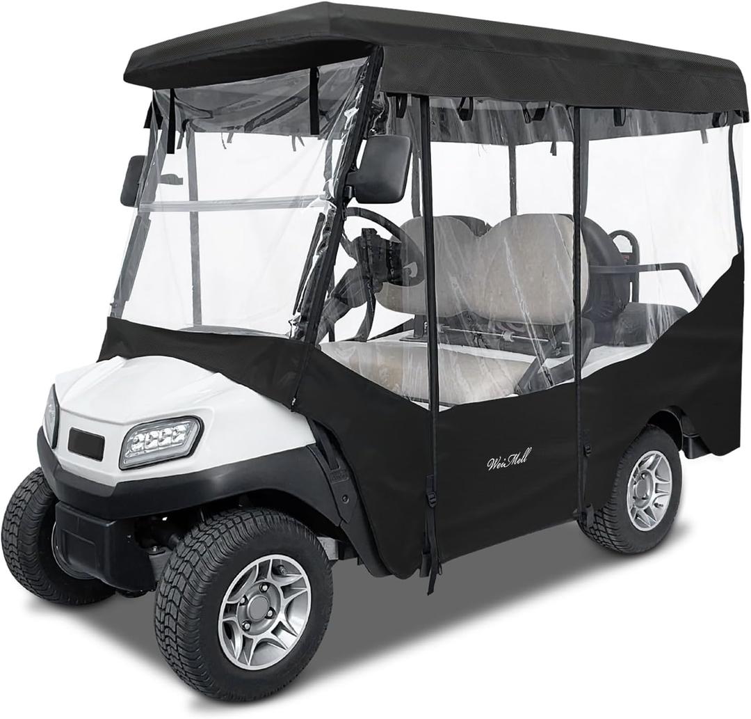 Golf Cart Enclosure 4 Passenger for Club Car Tempo Onward Extended Roof 4-Seater 600D Waterproof Transparent Driving Rain Cover with 4-Sided Clear Windows Mirror Zipper Roll-up Door Black