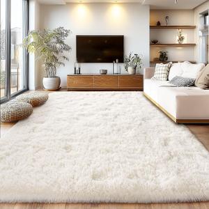 Cream White Plush Rug for Living Room Fuzzy Carpet for Bedroom Dorm, Non-Slip High Pile Rug, Shag Rug for Playroom Nursery Home Office Decor 8X10 Ft