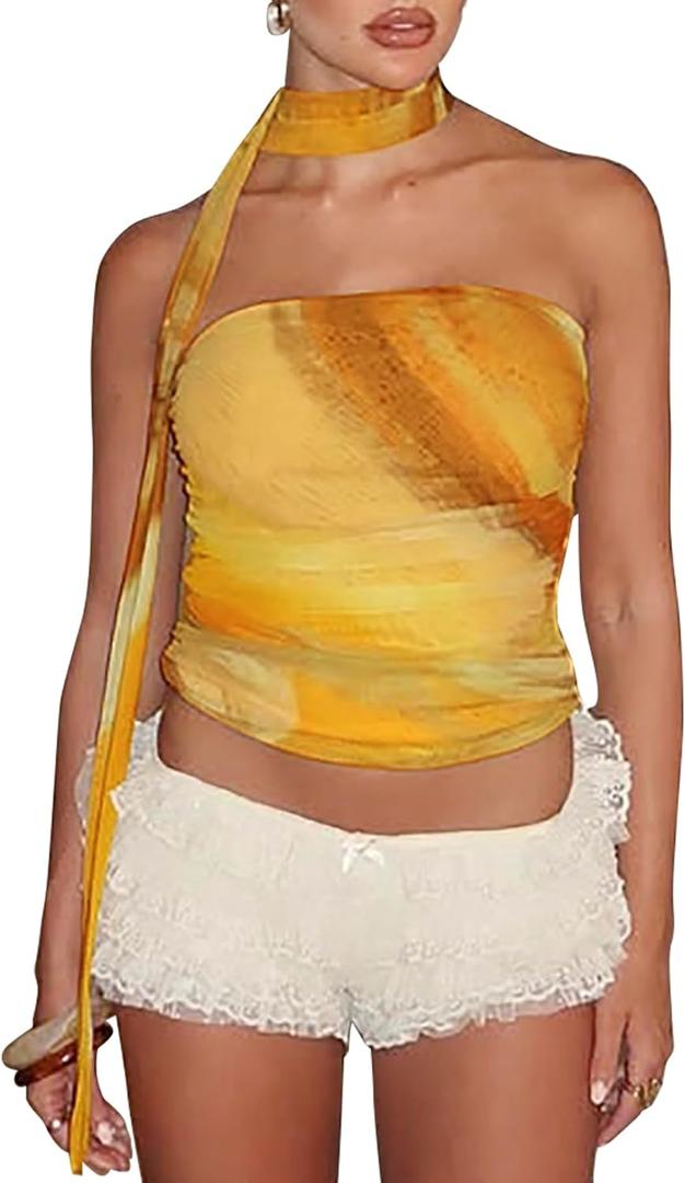 Women Y2K Mesh Tube Top Tie Dye Strapless Ruched Sleeveless Bandeau Tank Top Slim Fit Camisole Summer Crop Top with Scarves Yellow (Yellow, L)