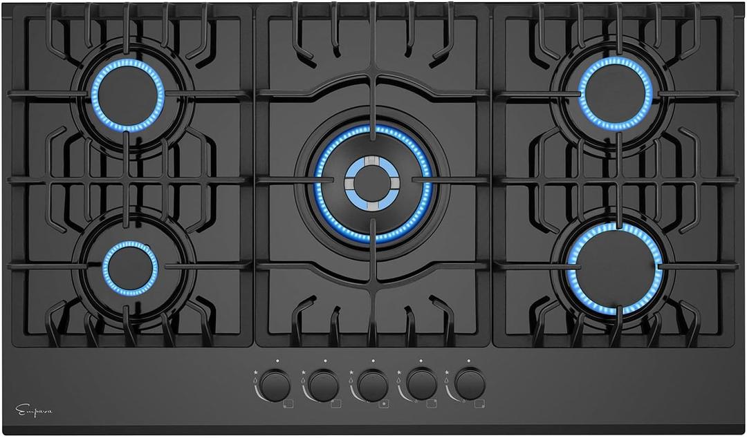 Empava 36" Bulit-in Tempered Glass Gas Cooktops 5 Italy Imported Sabaf Burners Stove Tops, 36 Inch, Black