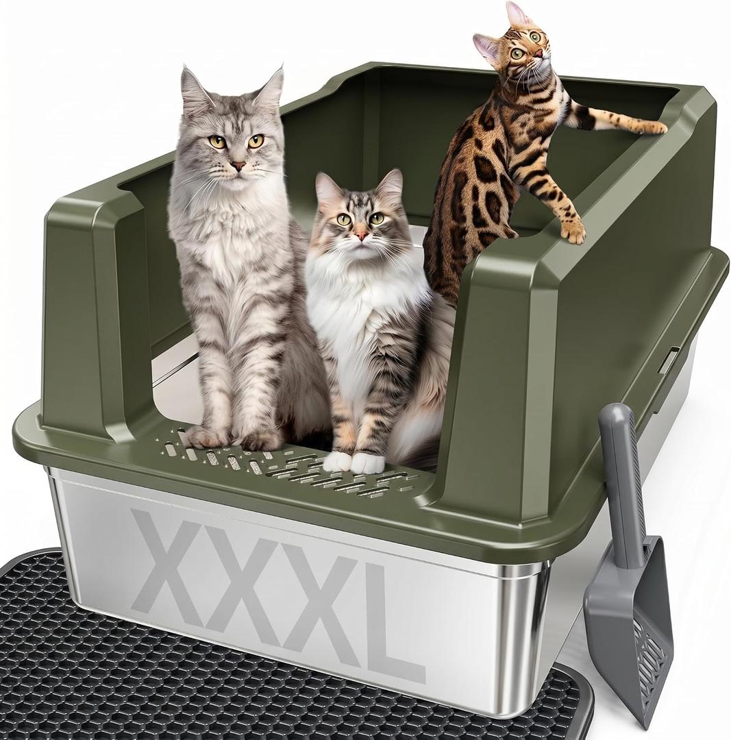 XXL Stainless Steel Cat Litter Box with Lid, 26" L x 18" W x 12" H Metal Litter Box with High Sides for Big Cats & Multiple Cats, Never Absorbs Odors, Anti-Urine Leakage, Easy Cleanin(Green)