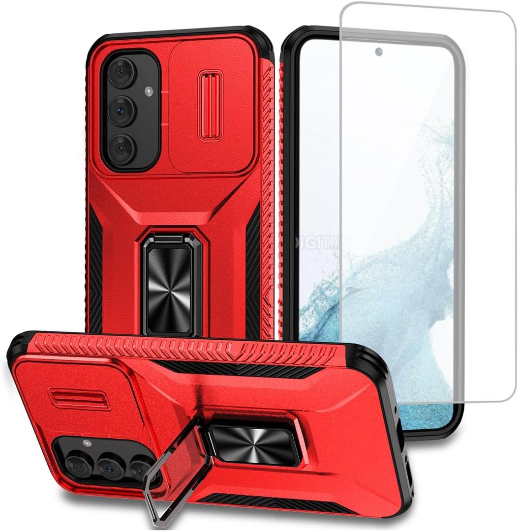 Case for Galaxy A54 Case, Samsung A54 5G SM-A546U Case with Tempered Glass Screen Protector and Slide Camera Cover, Magnetic Ring Car Mount Holder Shockproof Cover for Samsung Galaxy A54 Red