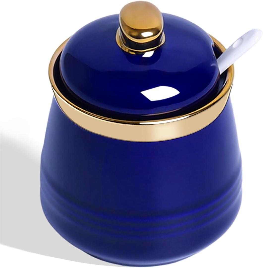 HAOTOP 12oz Sugar Bowl with Lid and Spoon,Simple Ceramic Sugar Jar Sugar Container Sugar Dispenser Coffee Bar Accessories, Modern Kitchen Countertop Canisters (Navy)