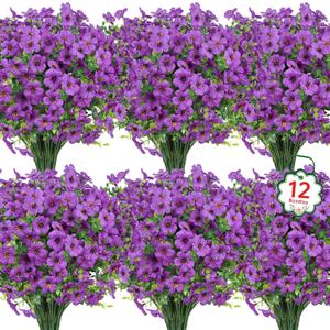 Ouddy Decor 12 Bundles Artificial Flowers for Outdoors Fake Silk Flowers UV Resistant Faux Plastic Plants for Spring Summer Garden Porch Window Box Table Vase Home Indoor Outdoor Decoration, Purple