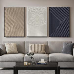 Large Framed Neutral Abstract Wall Art for Living Room, 3 Piece Modern Canvas Prints Paintings, Beige and Deep Blue Minimalist Geometric Pictures for Hallway Dining Bedroom Office Wall Decor 24x36 In, 24" W X 36" H X 3pcs