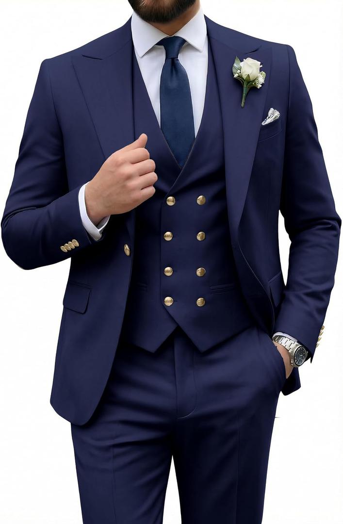 Mens Suit 3 Piece Double Breasted Suit Men Slim Fit Formal Tuxedo Suit Set Groomsmen Wedding Prom Suits (Blue), Size Large