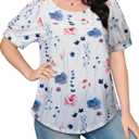 Womens Summer Short Sleeve Tops Pleated Shirts Crewneck Outfit Puff Sleeve Blouses Casual Tunic Blue Flower (White, XL)