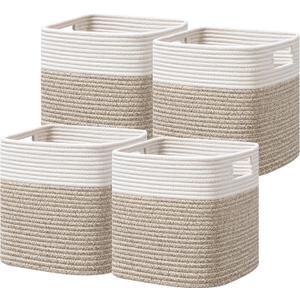Dreamcountry 11 Inch Cube Storage Bins, Storage Cubes with Handles, 4 Pack Cotton Rope Basket for Shelves, Cube Storage Organizer forToys, Book, Clothes, Home, Office, Nursery, White/Brown