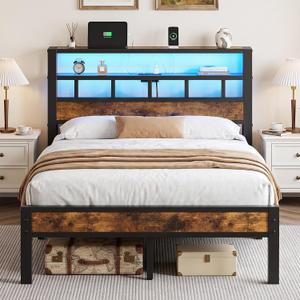 Full Bed Frame with Charging Station and LED, Metal Platform Bed