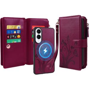 for Samsung Galaxy S25 Edge Case Wallet,Compatible with MagSafe 2 in 1 Magnetic Detachable PU Leather RFID Blocking Wallet Cover Card Holder Zipper Wrist Strap Lanyard,Floral Wine Red