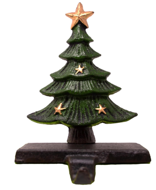 Chalily 3-D Christmas Tree Stocking Holder Cast Iron Hooks for Christmas Socks Hand Painted Green & Gold Easily Rest on a Mantel, Fireplace, or Book Shelf Heavy Duty & Durable Holiday Season Decor