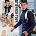 4 Pack Boys Turtleneck Long Sleeve Shirts Elastic Solid Warm Basic Football Baseball Undershirt Base Layering Tops (7-8 Years, Navy Blue, Sky Blue, White, Light Gray)