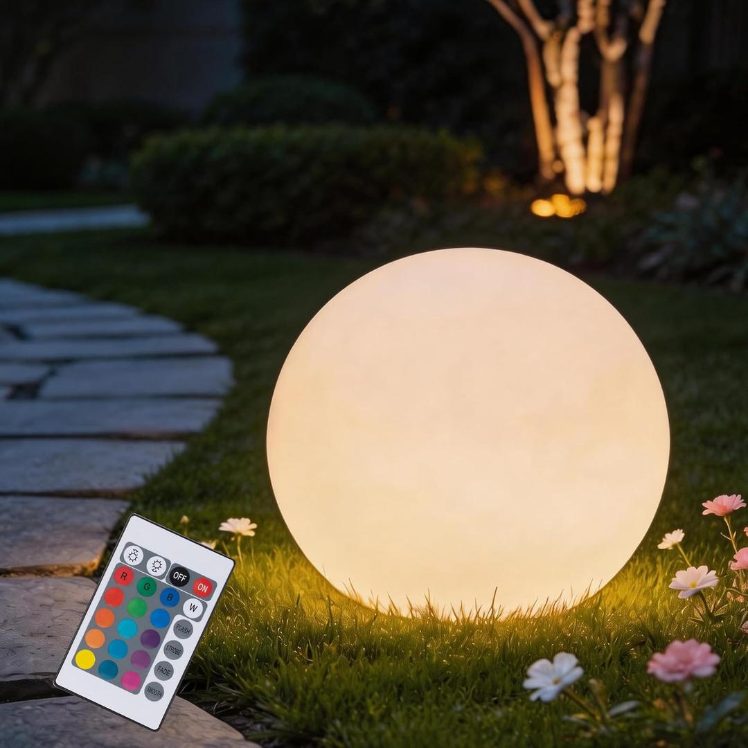 12 Inch Ball Light, Outdoor Glow Globe Light with Remote Control, LED Solar Gazing Ball Night Light 16 Modes RGB Color Changing, Waterproof Solar Globe for Garden Yard Pathway Decor