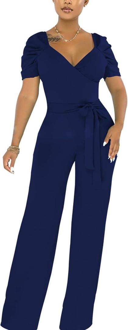 PaladMom Womens Elegant Plus Size Jumpsuits Sexy Back zipper Short Sleeve Mid Waist Wide Leg Straight Rompers (Large, 10681dark Blue)
