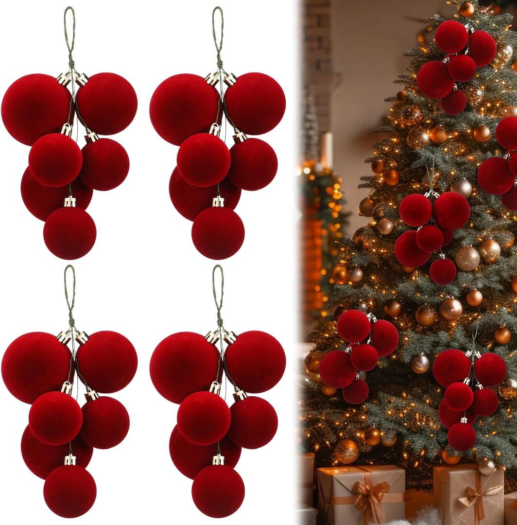 Roowest 4 Sets Large 24 Pcs Christmas Ball Ornaments for Tree Red Velet Balls Cluster Pre Strung Xmas Tree Decorations 2" to 2.8" Christmas Balls Ornaments for Hanging Holiday Party
