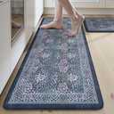 Collive Anti Fatigue Kitchen Mats, Cushioned Kitchen Rugs Set of 2 Waterproof Non Slip Desk Mat, Comfort Standing Rug Dark Blue Floral Carpet for Office, Sink, Laundry, 17.3"x29"+17.3"x47"