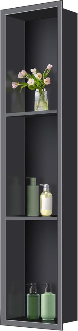 Stainless Steel Shower Niche 8 x 36 Inch,Matte Black 3-Tier Niche for Shower Wall,No Tile Needed Recessed Built-in Nich de Douche Waterproof