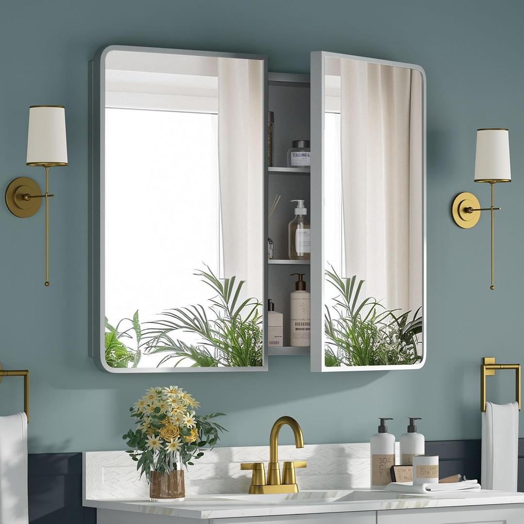 Bathroom Medicine Cabinet with Mirror 24x30Inch, Silver Medicine Cabinet Recessed or Surface Wall-Mounted, Mirrored Cabinets with Sturdy Metal Adjustable Shelves for Bathroom Vanity
