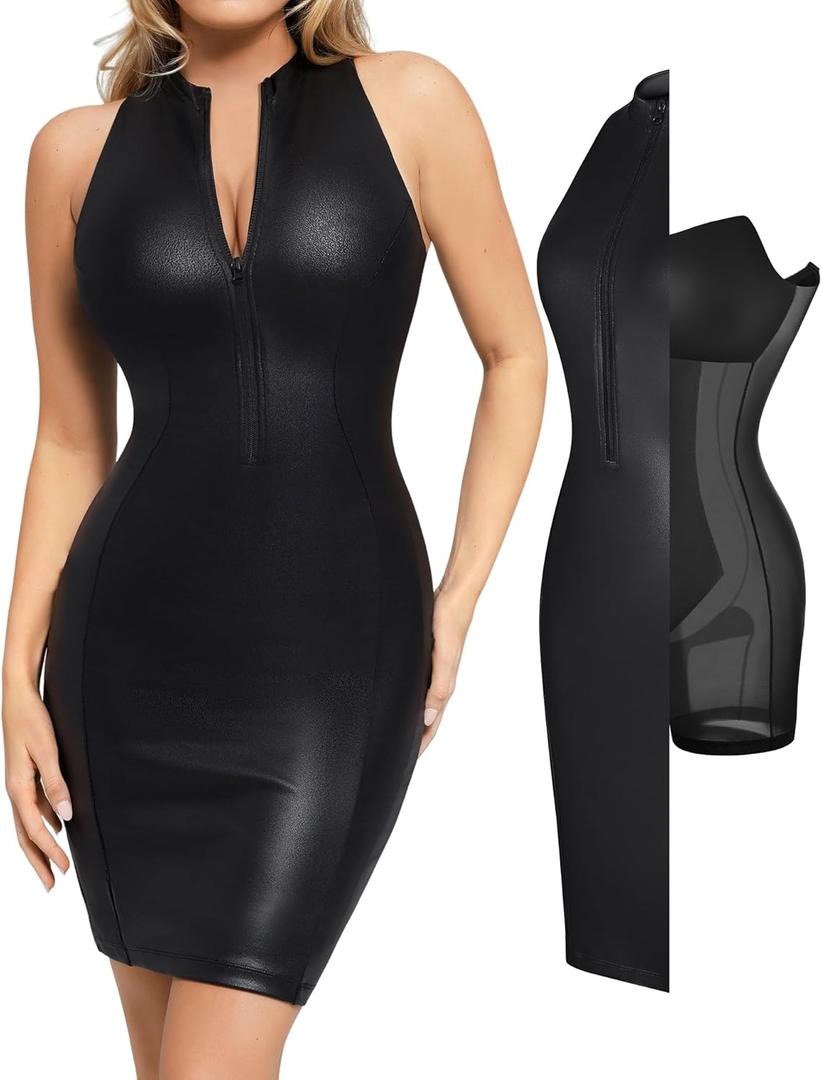 Popilush Faux Leather Dress for Women - Midi V Neck Dresses Shapewear Body con Dress Women - Date Night Outfit (Large, Black)