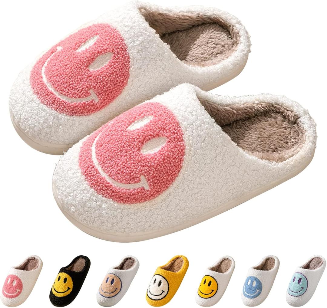 Bevaney Smile Face Slippers for Women - Soft Plush Retro Preppy Slip-on Comfortable Indoor/Outdoor Shoes (7-8 Women/6-7 Men, Pink)