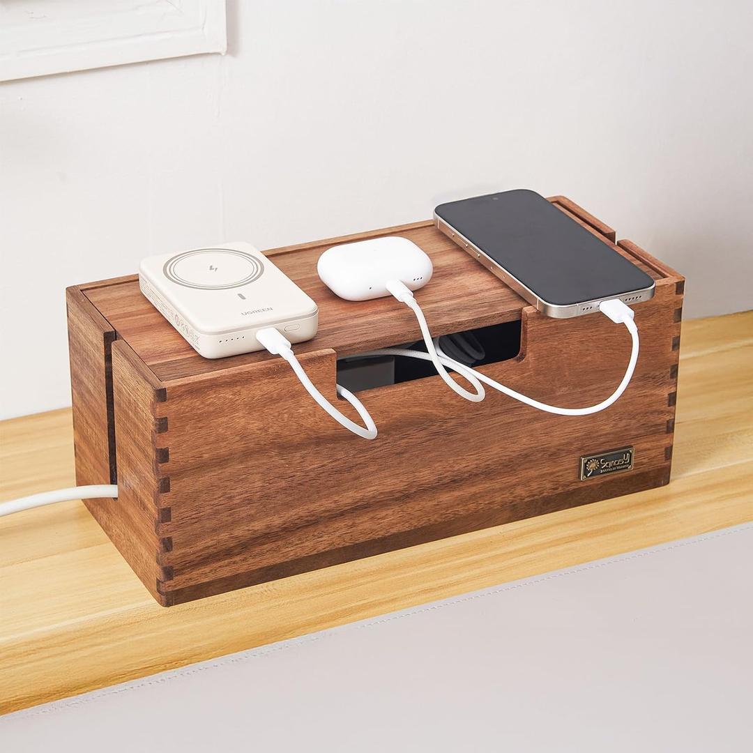 Cable Management Box, Acacia Wood Cord Hider Organizer for Power Strips, TV, Desk & Floor Wires, Under Desk Cable Storage Box for Office & Home