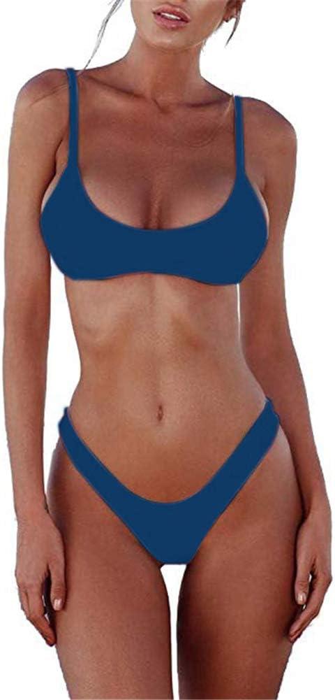 SherryDC Women's Solid Scoop Neck Push Up Padded Brazilian Thong Bikini Swimsuit Bathing Suit (Deep Blue), S