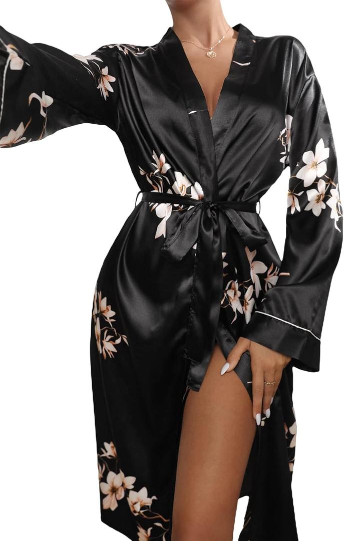 WDIRARA Women's Floral Print Long Sleeve Satin Long Robe Bridesmaid Wedding Party Robe (Medium, Black)