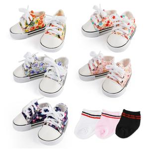 BABESIDE 18 Inch Baby Doll Shoes Sets with Socks for Dolls, 5 Pairs of Dolls Canvas Shoes with 3 Pair of Socks for 18 Inch Baby Doll Accessories, Floral Patterns