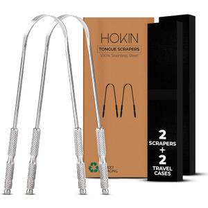 Tongue Scraper for Adults by HOKIN (2Pcs Oral Care Pack) Stainless Steel Tongue Cleaners Reduce Bad Breath 100% Metal Tough Scrapers Men and Women Hygiene Product (Silver)